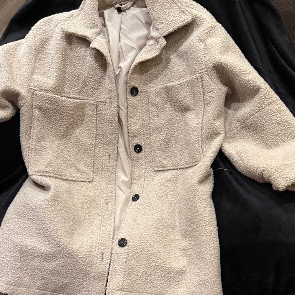 H&M Cream Teddy Jacket with Black Buttons